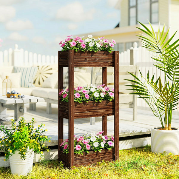 3-Tier Wooden Raised Planter, Raised Garden Bed on Legs with Drainage Holes and Bed Liner, Outdoor Elevated Garden Planter for Vegetables, Herbs, Flowers, 60 x 25 x 120 cm