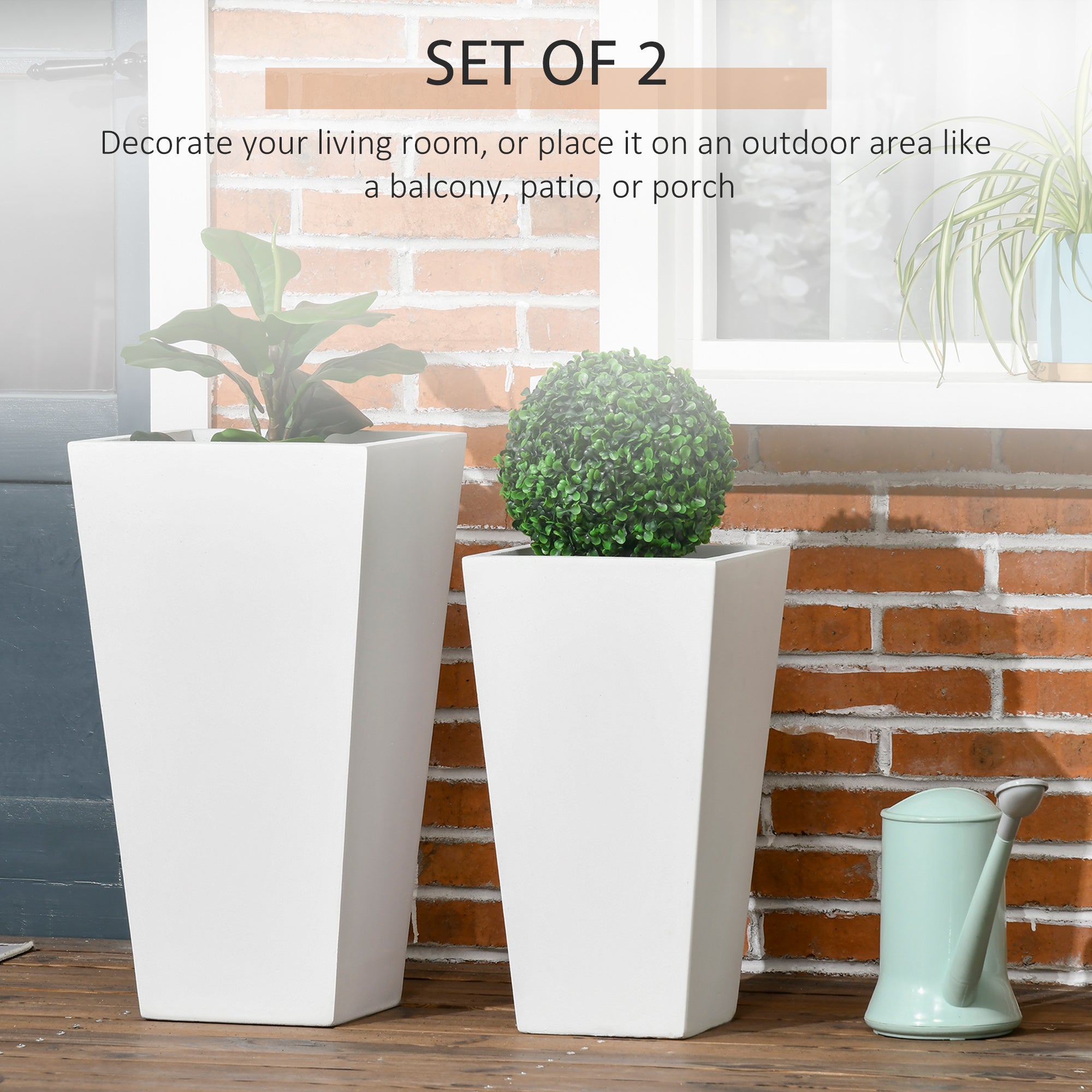 outdoor plant pots rectangular Outsunny Outdoor Planter Set 2-Pack MgO Flower Pots White Drainage for Garden Patio Yard Elegance