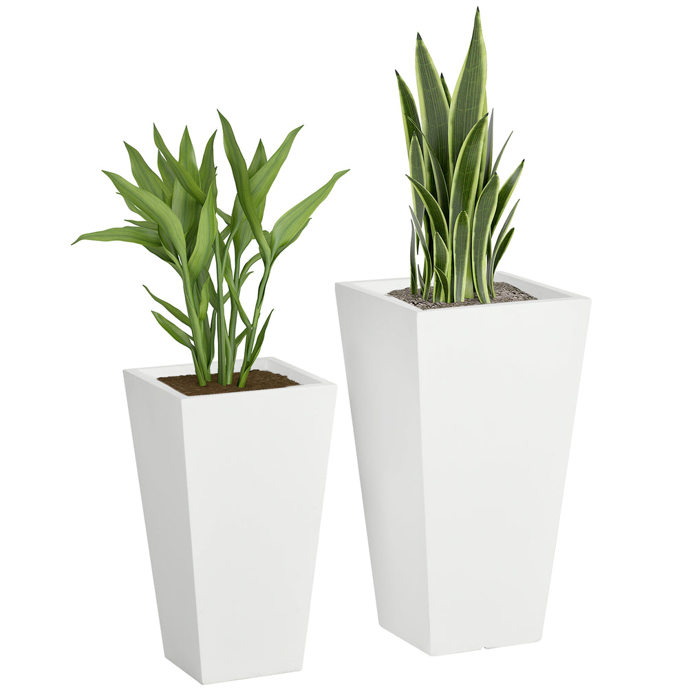 Set of 2 Tall Planters with Drainage Holes, 22" / 18" Outdoor Flower Pots for Patio, Yard, Garden, White