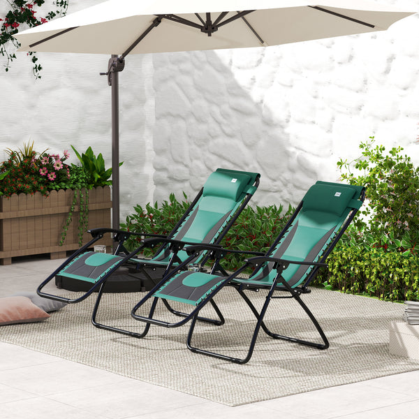Zero Gravity Lounger Chair Set of 2, Folding Reclining Patio Chair with Padded Seat, Cup Holder, Soft Cushion and Headrest for Poolside, Camping, Green