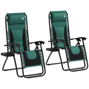 Zero Gravity Lounger Chair Set of 2, Folding Reclining Patio Chair with Padded Seat, Cup Holder, Soft Cushion and Headrest for Poolside, Camping, Green