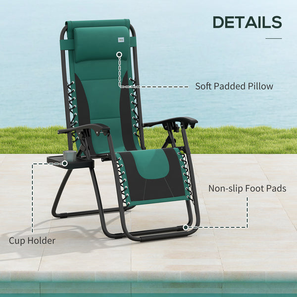 Zero Gravity Lounger Chair Set of 2, Folding Reclining Patio Chair with Padded Seat, Cup Holder, Soft Cushion and Headrest for Poolside, Camping, Green