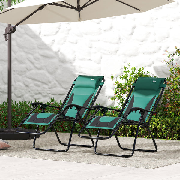 Zero Gravity Lounger Chair Set of 2, Folding Reclining Patio Chair with Padded Seat, Cup Holder, Soft Cushion and Headrest for Poolside, Camping, Green