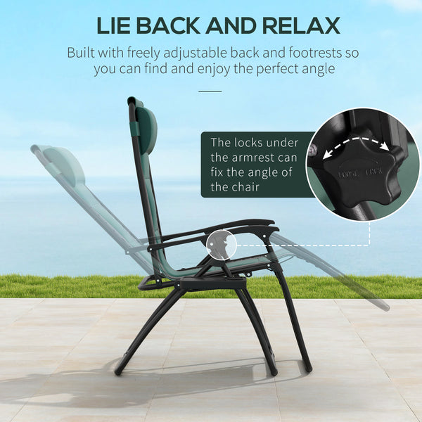 Zero Gravity Lounger Chair Set of 2, Folding Reclining Patio Chair with Padded Seat, Cup Holder, Soft Cushion and Headrest for Poolside, Camping, Green