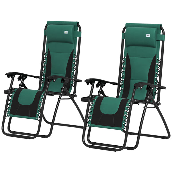 Zero Gravity Lounger Chair Set of 2, Folding Reclining Patio Chair with Padded Seat, Cup Holder, Soft Cushion and Headrest for Poolside, Camping, Green