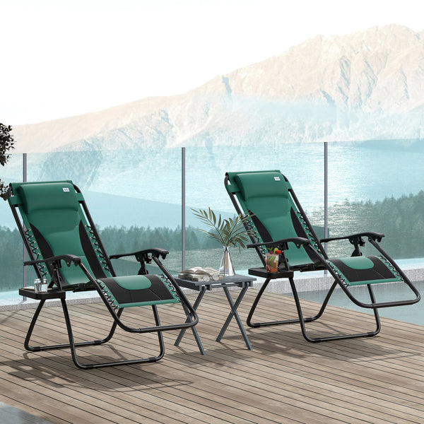 Zero Gravity Lounger Chair Set of 2, Folding Reclining Patio Chair with Padded Seat, Cup Holder, Soft Cushion and Headrest for Poolside, Camping, Green