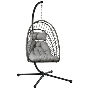 Outdoor Rattan Swing Chair with Foldable Basket and Cushion, Garden Patio Hanging Egg Chair with Metal Stand, Headrest for Indoor and Outdoor, Light Grey