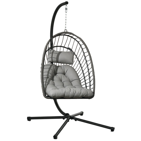 Outdoor Rattan Swing Chair with Foldable Basket and Cushion, Garden Patio Hanging Egg Chair with Metal Stand, Headrest for Indoor and Outdoor, Light Grey