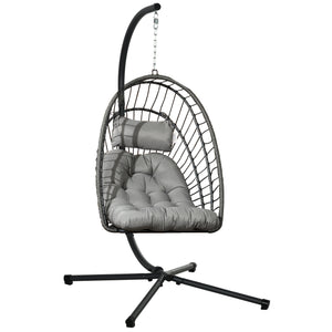 Outdoor Rattan Swing Chair with Foldable Basket and Cushion, Garden Patio Hanging Egg Chair with Metal Stand, Headrest for Indoor and Outdoor, Light Grey