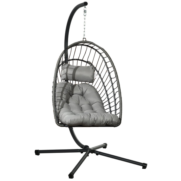 Outdoor Rattan Swing Chair with Foldable Basket and Cushion, Garden Patio Hanging Egg Chair with Metal Stand, Headrest for Indoor and Outdoor, Light Grey