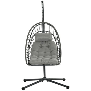 Outdoor Rattan Swing Chair with Foldable Basket and Cushion, Garden Patio Hanging Egg Chair with Metal Stand, Headrest for Indoor and Outdoor, Light Grey
