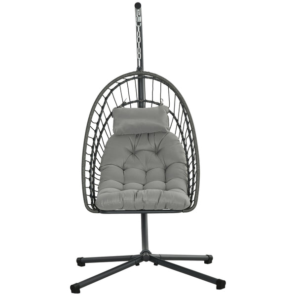 Outdoor Rattan Swing Chair with Foldable Basket and Cushion, Garden Patio Hanging Egg Chair with Metal Stand, Headrest for Indoor and Outdoor, Light Grey