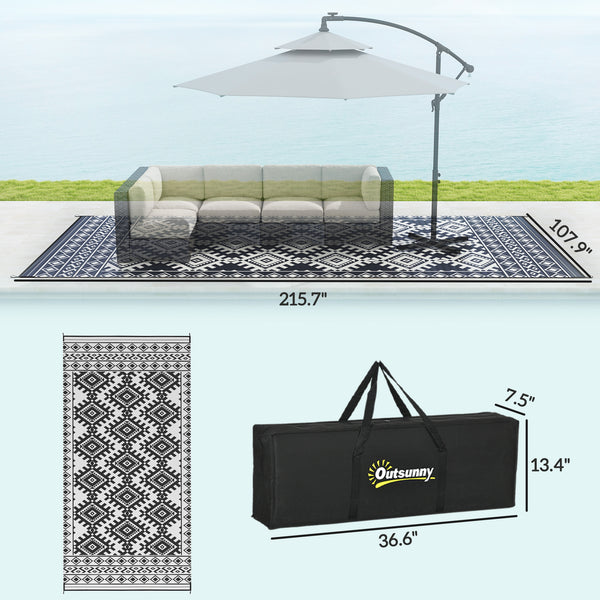 Outsunny Reversible Outdoor Rug, 9' x 18' Waterproof Plastic Straw Floor Mat, Portable RV Camping Carpet, Large Floor Mat for Backyard, Deck, Picnic, Beach, Black & White Rhombus Border