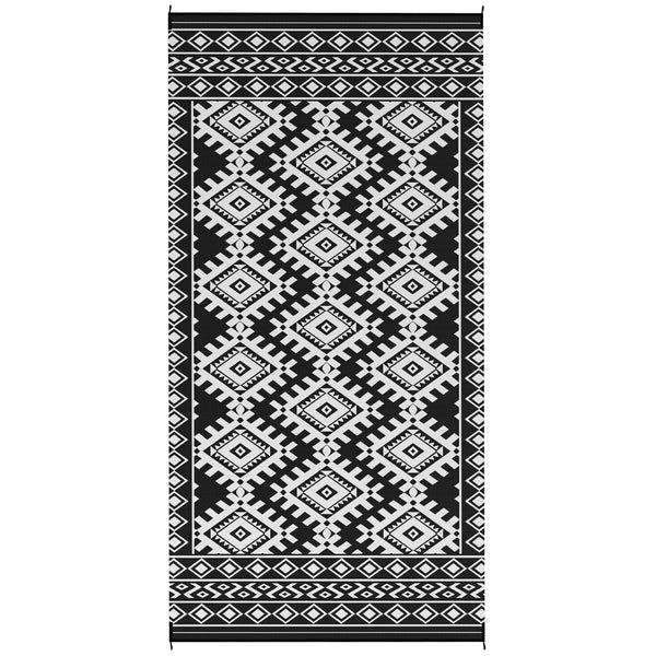 Outsunny Reversible Outdoor Rug, 9' x 18' Waterproof Plastic Straw Floor Mat, Portable RV Camping Carpet, Large Floor Mat for Backyard, Deck, Picnic, Beach, Black & White Rhombus Border