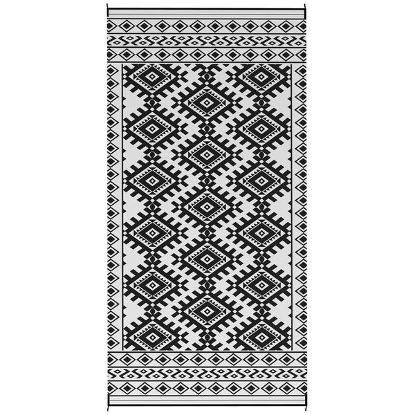 Outsunny Reversible Outdoor Rug, 9' x 18' Waterproof Plastic Straw Floor Mat, Portable RV Camping Carpet, Large Floor Mat for Backyard, Deck, Picnic, Beach, Black & White Rhombus Border