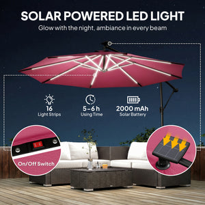 3 m Garden Cantilever Parasol with LED Solar Light, Round Overhanging Umbrella with 6-Position 360° Rotation, Crank Handle, Tilt, Cover, Banana Patio Umbrella for Outdoor Sun Shade, Wine Red