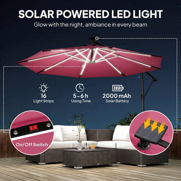 3 m Garden Cantilever Parasol with LED Solar Light, Round Overhanging Umbrella with 6-Position 360° Rotation, Crank Handle, Tilt, Cover, Banana Patio Umbrella for Outdoor Sun Shade, Wine Red
