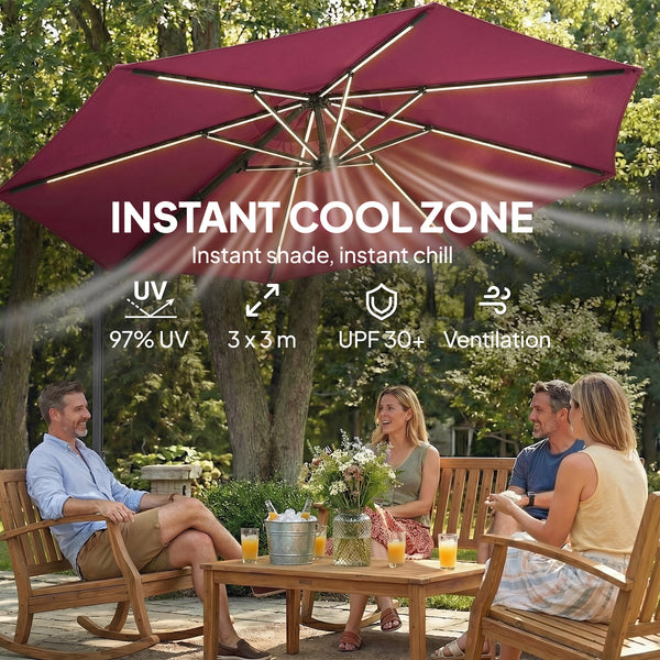 3 m Garden Cantilever Parasol with LED Solar Light, Round Overhanging Umbrella with 6-Position 360° Rotation, Crank Handle, Tilt, Cover, Banana Patio Umbrella for Outdoor Sun Shade, Wine Red