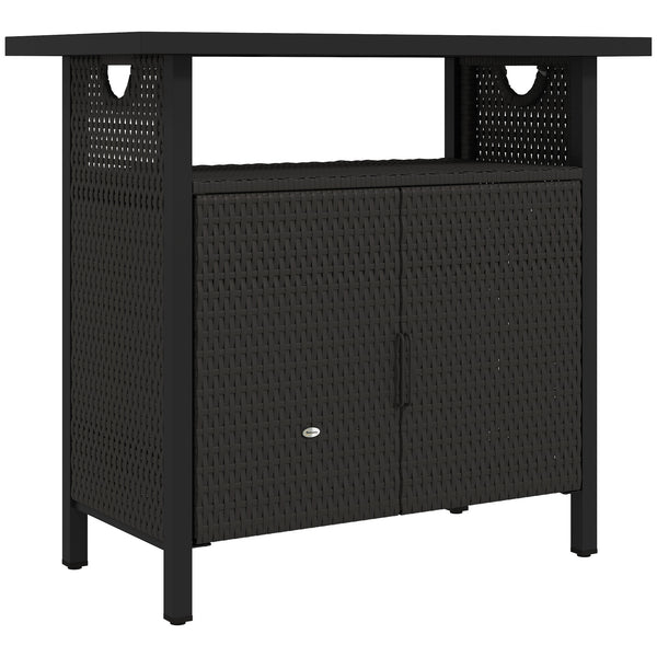 Outsunny Outdoor Pool Towel Storage Cabinet Organizer, Outdoor Bar Table with Shelf and Cabinet, Pool Towel Holder Pool Valet with Weather-Resistant PE Rattan and Steel Frame, Espresso