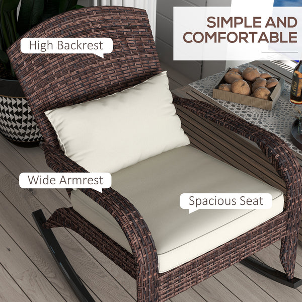 Outdoor Wicker Adirondack Rocking Chair, Patio Rattan Rocker Chair with High Back, Seat Cushion and Pillow for Garden, Porch, Balcony, Cream White/Brown