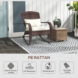 Outdoor Wicker Adirondack Rocking Chair, Patio Rattan Rocker Chair with High Back, Seat Cushion and Pillow for Garden, Porch, Balcony, Cream White/Brown