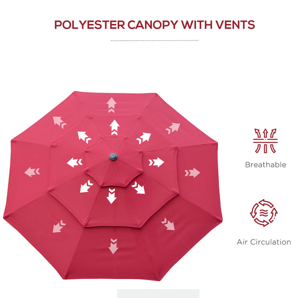 Outsunny 9FT 3 Tiers Patio Umbrella Outdoor Market Umbrella with Crank, Push Button Tilt for Deck, Backyard and Lawn, Wine Red