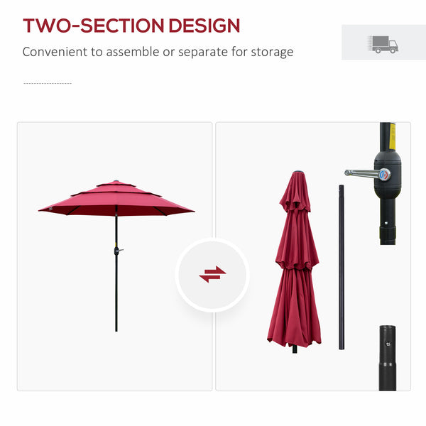 Outsunny 9FT 3 Tiers Patio Umbrella Outdoor Market Umbrella with Crank, Push Button Tilt for Deck, Backyard and Lawn, Wine Red