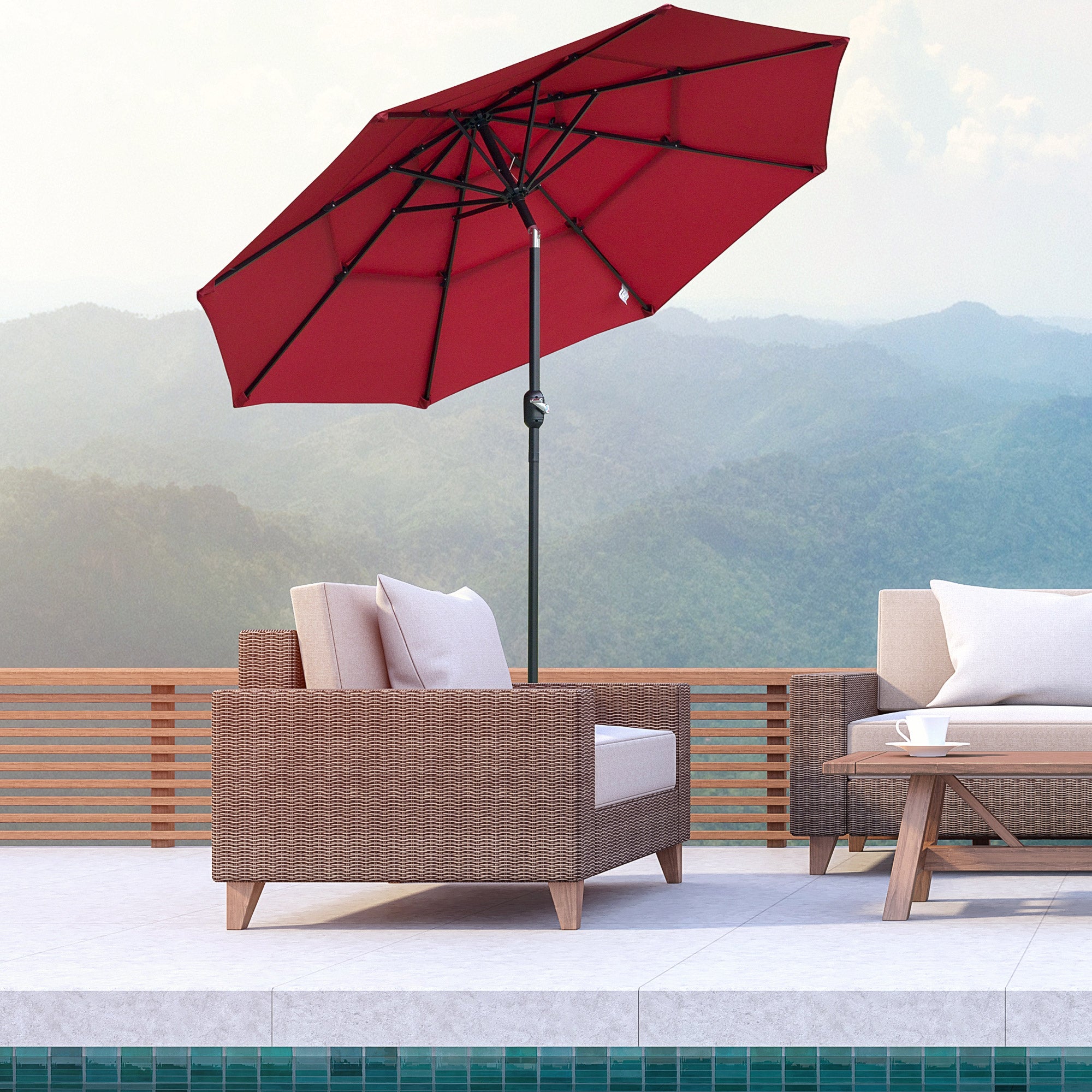 9 ft red patio umbrella Outsunny 9FT 3 Tiers Patio Umbrella Outdoor Market Umbrella with Crank, Push Button Tilt for Deck, Backyard and Lawn