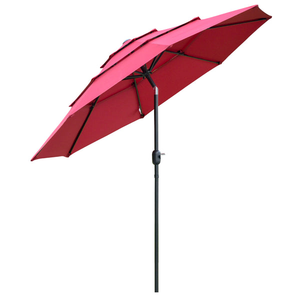 Outsunny 9FT 3 Tiers Patio Umbrella Outdoor Market Umbrella with Crank, Push Button Tilt for Deck, Backyard and Lawn, Wine Red