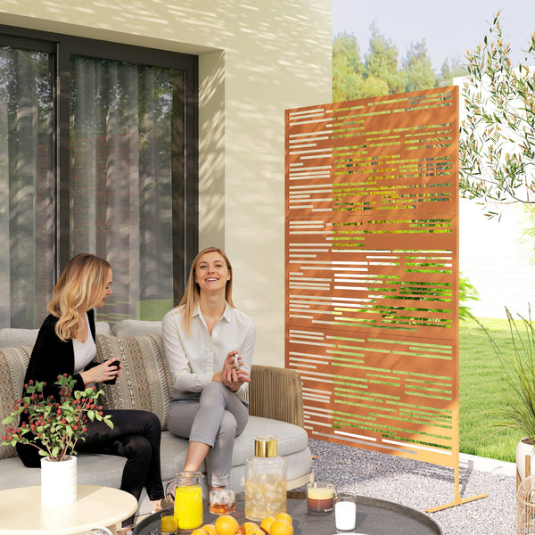 Metal Outdoor Privacy Screen, 78" H x 48" W Decorative Privacy Fence Screen, Freestanding Outdoor Divider with Stand, Climbing Plant Trellis for Garden Walkway, Balcony, Patio, Barcode Brown