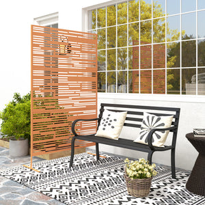 Metal Outdoor Privacy Screen, 78" H x 48" W Decorative Privacy Fence Screen, Freestanding Outdoor Divider with Stand, Climbing Plant Trellis for Garden Walkway, Balcony, Patio, Barcode Brown