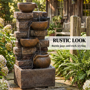 28" Outdoor Fountain with 5-Tier Rustic Jugs and Rock, Cascading Waterfall with LED Lights, Adjustable Flow, Resin Freestanding Garden Fountain for Garden Patio, Rustic Brown