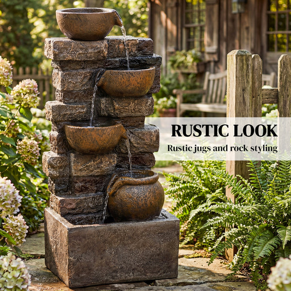 28" Outdoor Fountain with 5-Tier Rustic Jugs and Rock, Cascading Waterfall with LED Lights, Adjustable Flow, Resin Freestanding Garden Fountain for Garden Patio, Rustic Brown