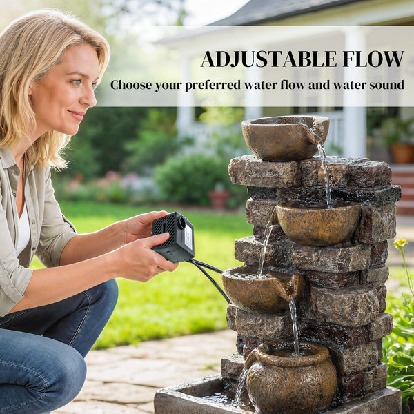 28" Outdoor Fountain with 5-Tier Rustic Jugs and Rock, Cascading Waterfall with LED Lights, Adjustable Flow, Resin Freestanding Garden Fountain for Garden Patio, Rustic Brown