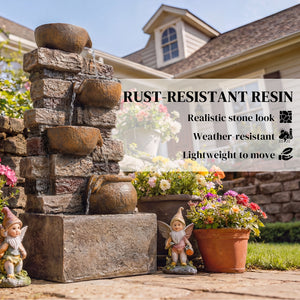 28" Outdoor Fountain with 5-Tier Rustic Jugs and Rock, Cascading Waterfall with LED Lights, Adjustable Flow, Resin Freestanding Garden Fountain for Garden Patio, Rustic Brown