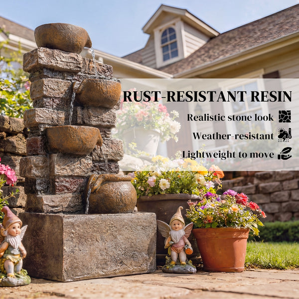 28" Outdoor Fountain with 5-Tier Rustic Jugs and Rock, Cascading Waterfall with LED Lights, Adjustable Flow, Resin Freestanding Garden Fountain for Garden Patio, Rustic Brown