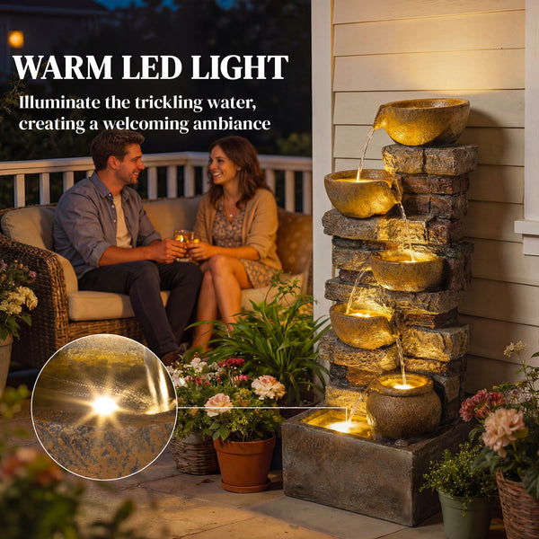 28" Outdoor Fountain with 5-Tier Rustic Jugs and Rock, Cascading Waterfall with LED Lights, Adjustable Flow, Resin Freestanding Garden Fountain for Garden Patio, Rustic Brown