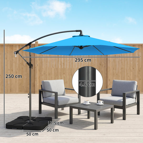 3 m Cantilever Parasol with Umbrella Weights, Cross Base, Offset Outdoor Umbrella with Protective Cover, Crank Handle, Hanging Sun Shade, Blue