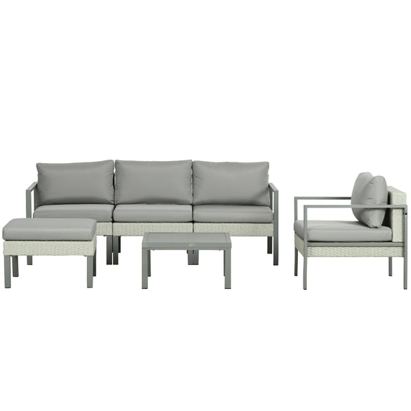 6 Pieces PE Rattan Garden Furniture Set with Sofa, Armchairs, Stool, Patio Sofa Set with Metal Coffee Table, Cushions, for Poolside, Light Grey