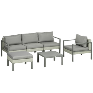 6 Pieces PE Rattan Garden Furniture Set with Sofa, Armchairs, Stool, Patio Sofa Set with Metal Coffee Table, Cushions, for Poolside, Light Grey