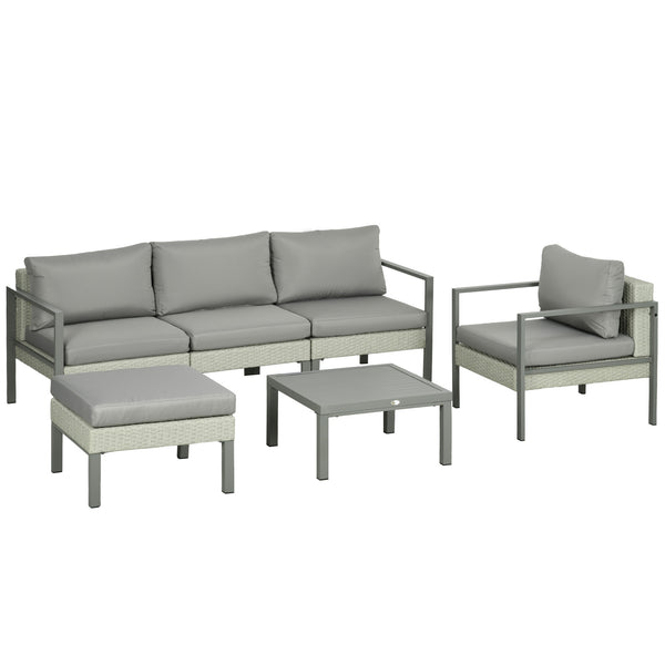 6 Pieces PE Rattan Garden Furniture Set with Sofa, Armchairs, Stool, Patio Sofa Set with Metal Coffee Table, Cushions, for Poolside, Light Grey