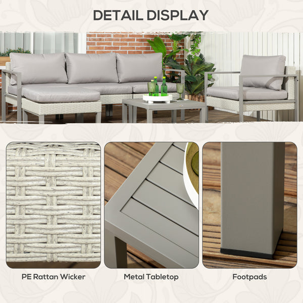 6 Pieces PE Rattan Garden Furniture Set with Sofa, Armchairs, Stool, Patio Sofa Set with Metal Coffee Table, Cushions, for Poolside, Light Grey