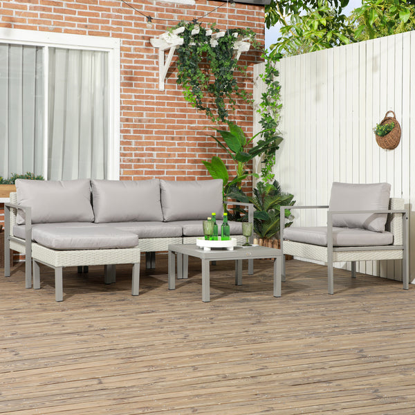 6 Pieces PE Rattan Garden Furniture Set with Sofa, Armchairs, Stool, Patio Sofa Set with Metal Coffee Table, Cushions, for Poolside, Light Grey