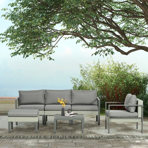 6 Pieces PE Rattan Garden Furniture Set with Sofa, Armchairs, Stool, Patio Sofa Set with Metal Coffee Table, Cushions, for Poolside, Light Grey