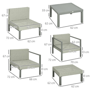 6 Pieces PE Rattan Garden Furniture Set with Sofa, Armchairs, Stool, Patio Sofa Set with Metal Coffee Table, Cushions, for Poolside, Light Grey