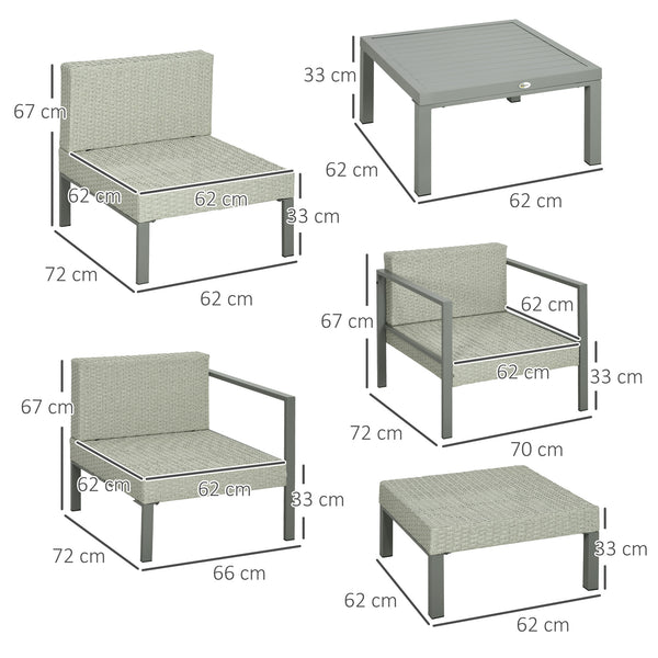 6 Pieces PE Rattan Garden Furniture Set with Sofa, Armchairs, Stool, Patio Sofa Set with Metal Coffee Table, Cushions, for Poolside, Light Grey