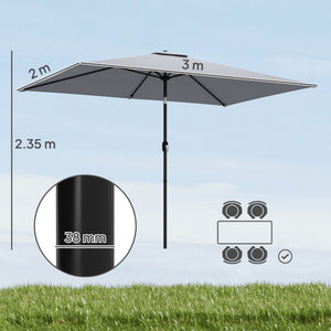 3x2m Garden Parasol, Parasol Umbrella with Crank Handle, Tilt Function, Polyester Canopy, Outdoor Table Umbrella for Patio, Garden, Light Grey