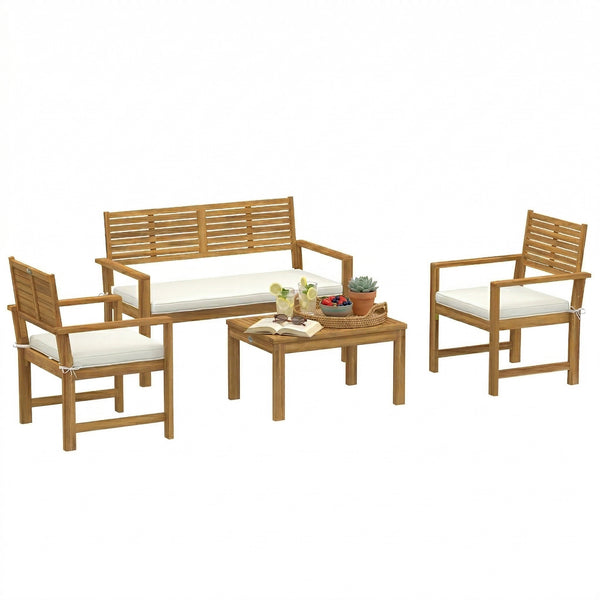 4 Seater Wooden Garden Furniture Set with Loveseat, 2 Armchairs, Wood-Top Table, Acacia Wood Garden Sofa Set with Cushions, Outdoor Furniture Conversation Sets, Cream White