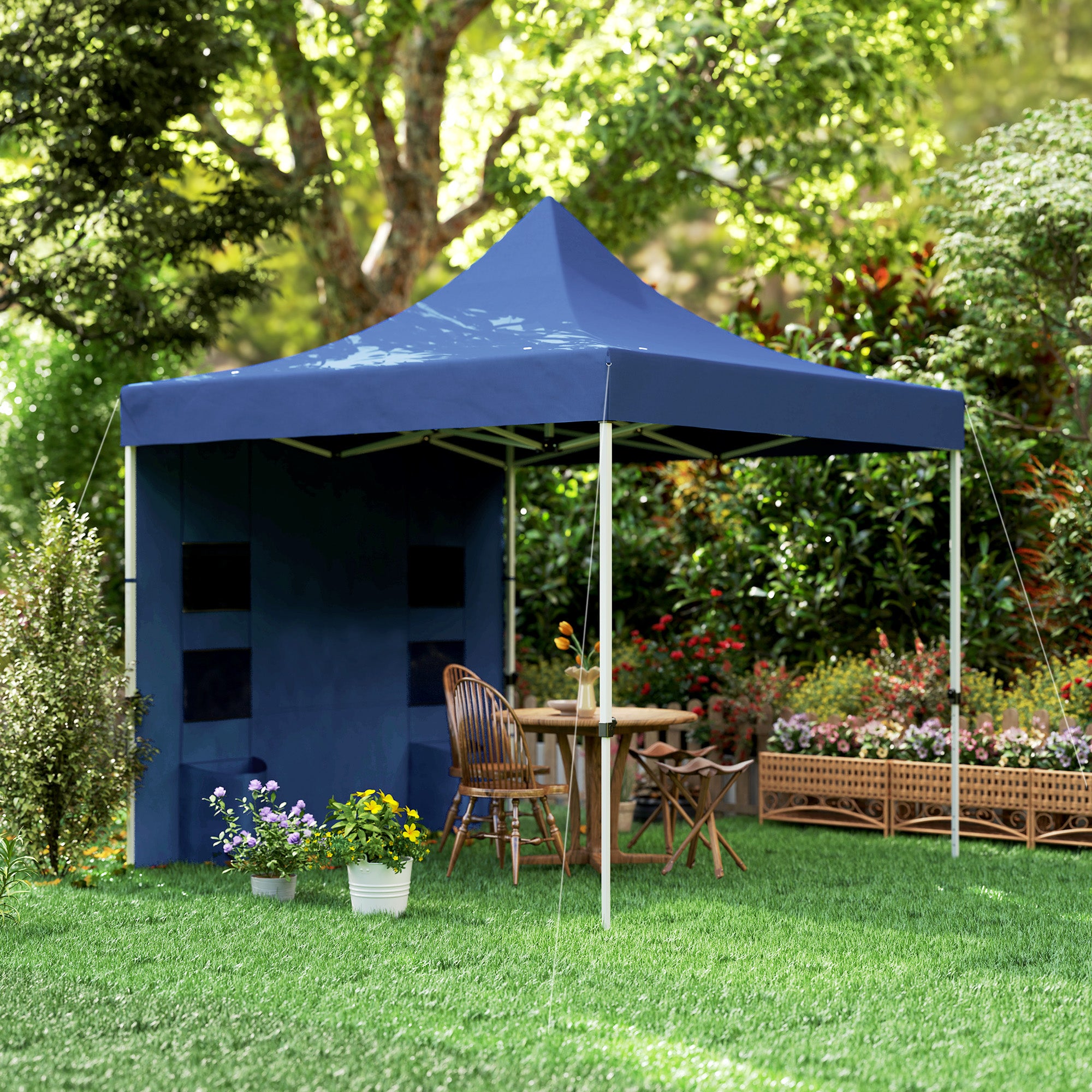 outdoor shelter tent Outsunny 10' x 10' Heavy Duty Pop Up Canopy Tent with Sidewall, UPF50+ Instant Sun Shelter with Storage Pockets, Dark Blue