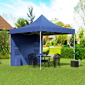 Outsunny 10' x 10' Heavy Duty Pop Up Canopy Tent with Sidewall, UPF50+ Instant Sun Shelter with Storage Pockets, Height Adjustable, with Wheeled Bag, Sand Bags for Outdoor, Patio, Dark Blue